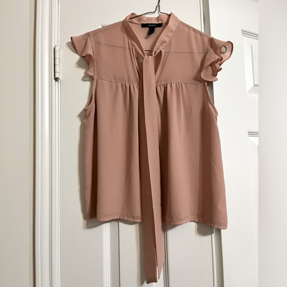 Cute Peach Pink Ruffle Design Blouse with Ribbon in Front